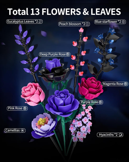 TYCOLE Set 6-12 (806PCS) Flowers Bouquet Building - Purple Roses Botanical Collection Building Blocks for Adult Women