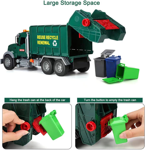 Big Garbage Truck Toys for Boys, Inertial Powered Push Car with Lights and Sounds, Trash Truck Model with 3 Garbage Cans