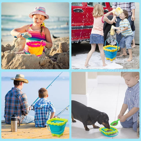 7 PCS Castle Foldable Beach Sand Buckets Toy Set with Shovels, 3L Silicone Collapsible Bucket for Kids, Camping Gear