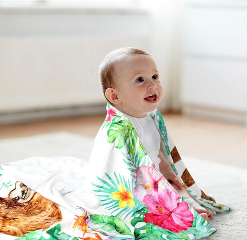 Watercolor Flowers Jungle Baby Sloth Monthly Milestone Blanket - Soft Fleece for Baby Girls, Newborn Gift Idea