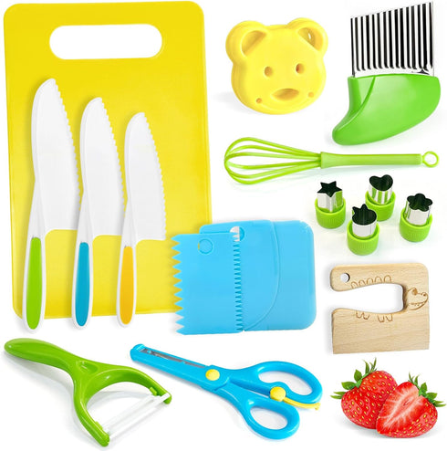 Chanking 17 Pieces Kids Safe Knife Set for Real Cooking Child-Friendly Plastic Chef