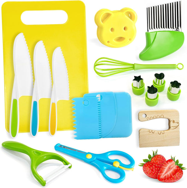 Chanking 17 Pieces Kids Safe Knife Set for Real Cooking Child-Friendly Plastic Chef