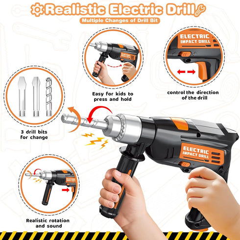 Set 41 Sets, 3 4 5 Kids Tool with Electronic Toy Drill, Realistic Toy Tools with Tool Box for Toddler, Pretend Home