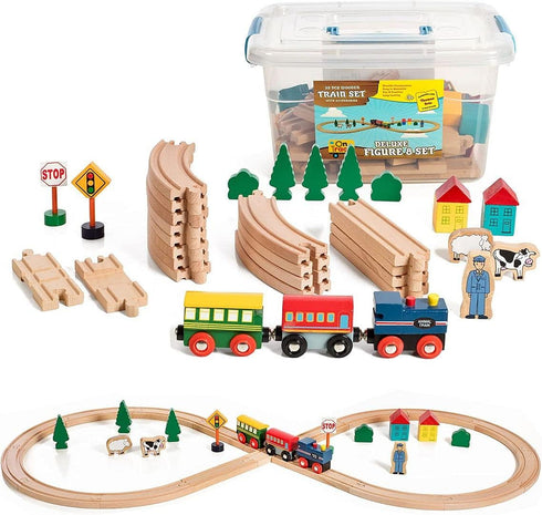 Wooden Train Set 35 Piece All in One Wooden Toy Train Tracks Set with Magnetic Trains and Railway Accessories in Clear