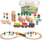 Wooden Train Set 35 Piece All in One Wooden Toy Train Tracks Set with Magnetic Trains and Railway Accessories in Clear