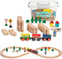 Wooden Train Set 35 Piece All in One Wooden Toy Train Tracks Set with Magnetic Trains and Railway Accessories in Clear