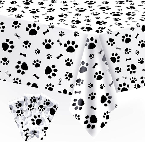 3 Pack Puppy Dog Paw Print Plastic Tablecloth, Large Disposable Rectangle Cover for Pet Birthday Party