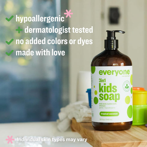 3-in-1 32 (Pack 6) Everyone Kids Soap, Body Wash, Bubble Bath, Shampoo, Ounce of Tropical Coconut, made with Essential
