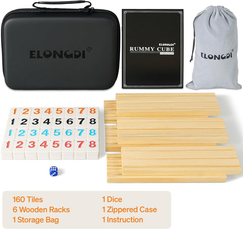 Rummy 6 160 Rummy 6 ELONGDI Cube Player Large Numbers Edition, Tiles with Wooden Racks, Portable Case & Storage Bag