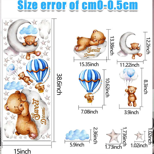 Tedy Bear Moon & Stars Wall Decor, Sleeping Bear Wall Stickers for Baby & Nursery Room Decor