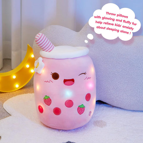 Athoinsu Light Up Strawberry Tea Soft Plush Pillow, 10'' Kawaii Stuffed Bubble Animal Toy with LED Lights