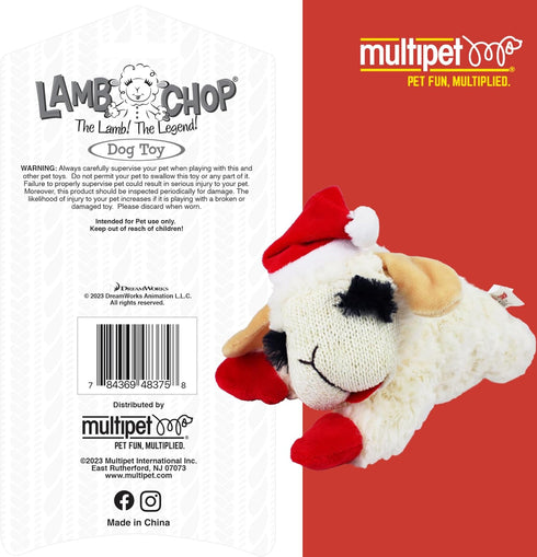 Multipet Lamb Chop Dog Plush Toy with Santa Hat - Squeaky Toy for All Dogs, Extra Soft Plush (10.5”, Cream)