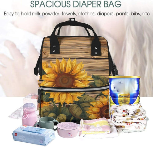 HCBPWVQA Backpack Daypacks Backpack Mommy Paint Wooden Board Sunflower Diaper Bag with Changing Pad and Pacifier