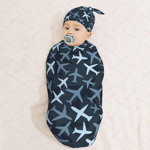 Set KiuLoam Camouflage Blue Jets Airplanes Newborn Swaddle with Matching Hat, Newborn Receiving Blanket Soft Unisex