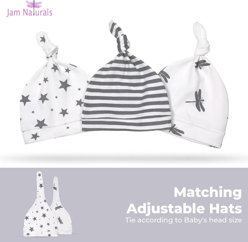 Set 3, (0-3m, 7-14lbs Jam Naturals- Organic Knotted Tie Bottom Adjustable Velcro Swaddle and Hat of Newborn Sleep Sack