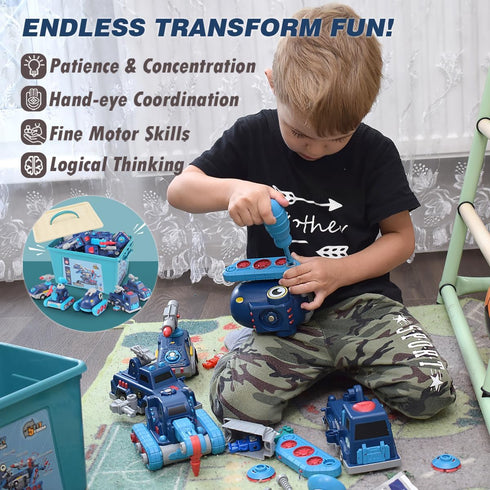 Take Apart Vehicle Magnetic Toy, 5-in-1 Tool Building Trucks Transform to Dinosaur Robot for Kids