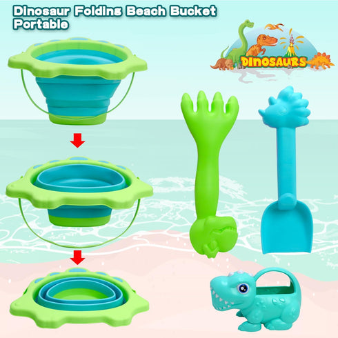 Beach Toys, Sand Box Toys for Kids Outdoor, 2.5L Silicone Collapsible Bucket, Dinosaur Watering Can, Shovels for Summer