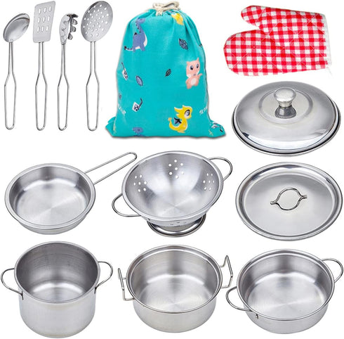 Play Pots and Pans Sets for Kids, Stainless Steel Cookware Toys Gift Set for Pretend Play Kitchen Accessories