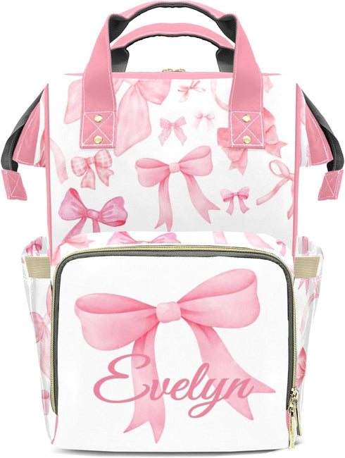 Perarts Backpack Pink Bow Personalized Diaper Bag for Baby Boy with Name, Custom Nappy Nursing Bag for Moms Dads
