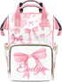 Perarts Backpack Pink Bow Personalized Diaper Bag for Baby Boy with Name, Custom Nappy Nursing Bag for Moms Dads