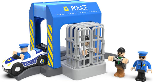 Wooden Train Tracks Accessories, Police Station Compatible with All Railroad Track Collection, Train Toys Expansion