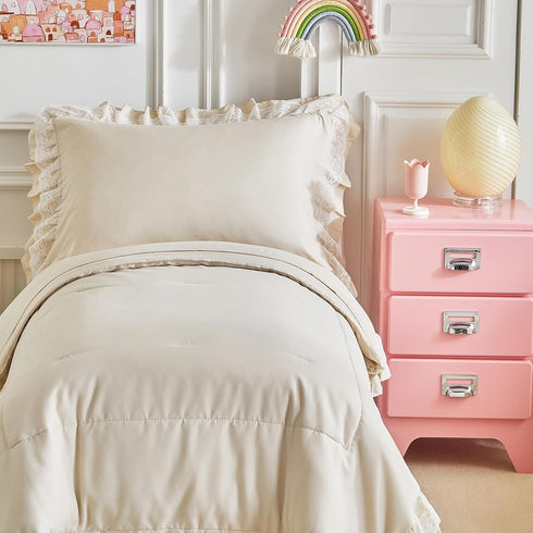 Set 4 Set 1 1 +1 +1 Ruffled Lace Toddler Bedding with Ruffle Fringe, Solid Color Pieces Toddler Bed - Cute Baby