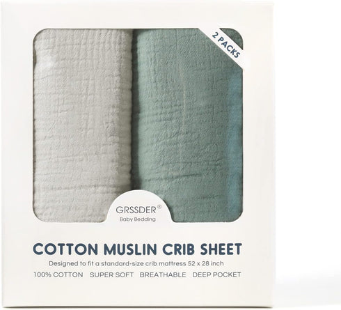 2 Pack, 100% 52" 28" GRSSDER Soft Muslin Crib Sheet Cotton Crib Sheets for Boys and Girls, Fit Standard Crib Mattresses