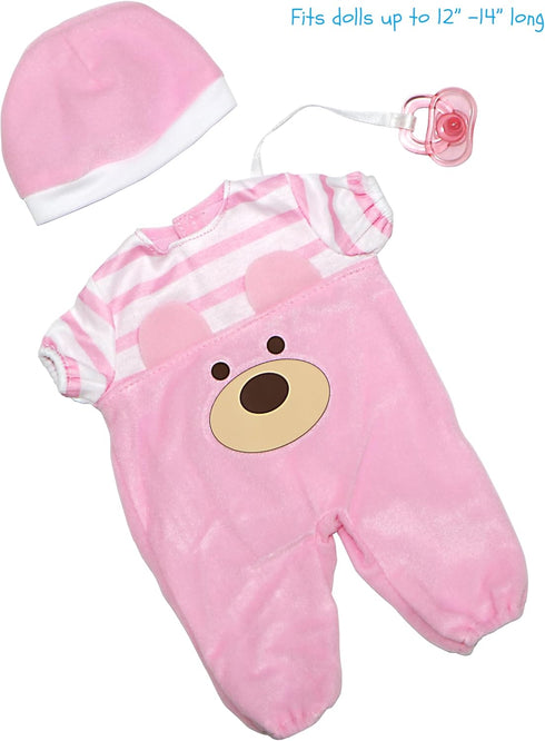 2+ 12"- 14" JC Toys | Pink Bear Onesie | Baby Doll Outfit + Hat + Pacifier | | Ages | Fits Dolls