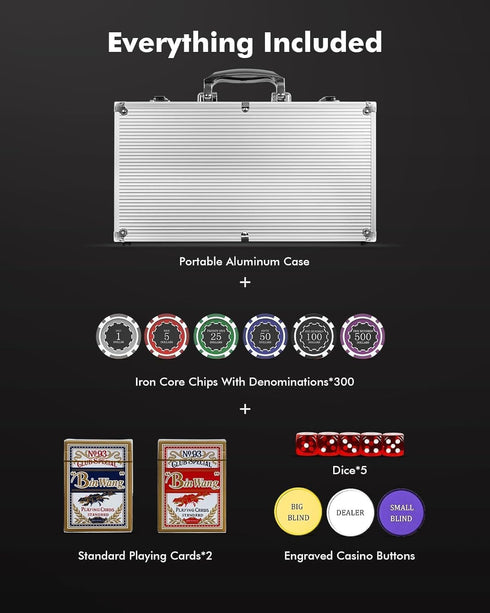 Poker Chips with Denominations - 300-pcs 11.5g Weighted Casino Chips Set with Aluminum Case