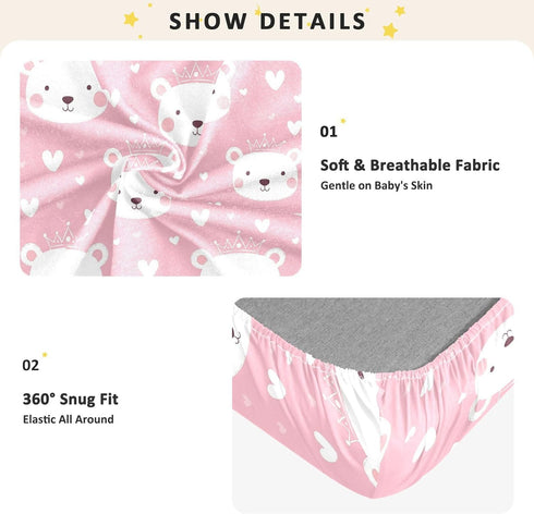 miaozhen 1 Pack 52x28 Cotton Baby Crib Sheets Soft Stretchy Cartoon Cute White Valentine Bear Crib Mattress Sheet