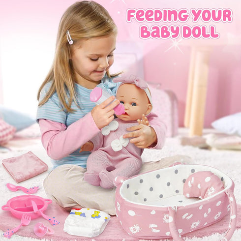 12" Set 13 3 4 5 6 Golray Soft Baby Doll with Accessories Bassinet Carrier, Pcs First Toddlers Realistic Baby Doll Crib