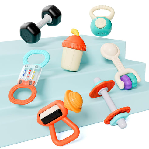 Set, 3-6-12 5 7 8 9 10 Girl-7PCS iPlay, iLearn Baby First Gym Rattle Infant Dumbbell Weights Teething Rattles Month