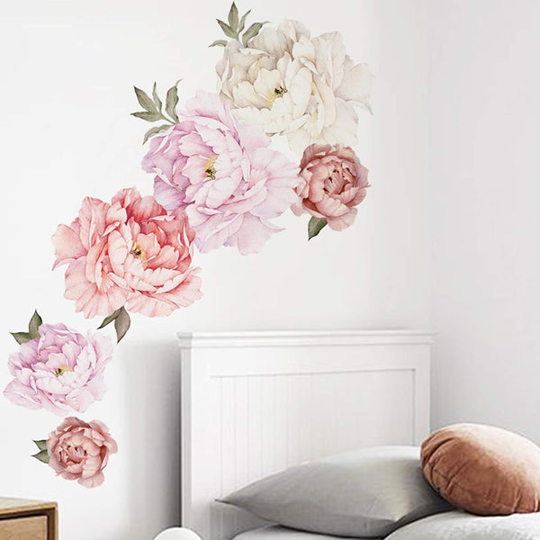 Watercolor Peony Flowers Wall Decals, Floral Wall Stickers for Living Room, White & Pink Flowers Art