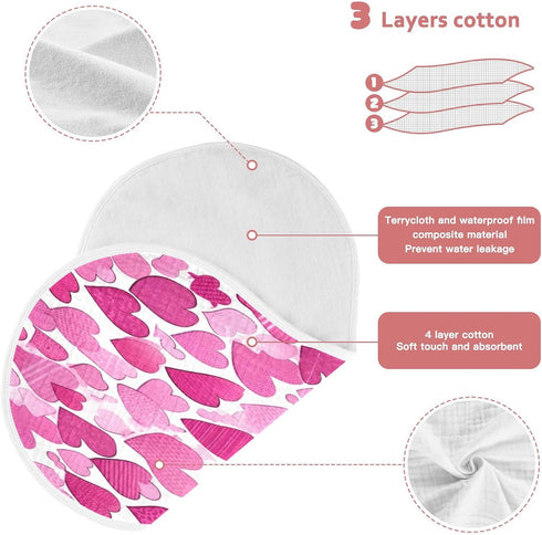 Bulletgxll Set 4, Pink Hearts Unisex Baby Burp Cloths of Soft Absorbent Organic Cotton Muslin Burping Cloths