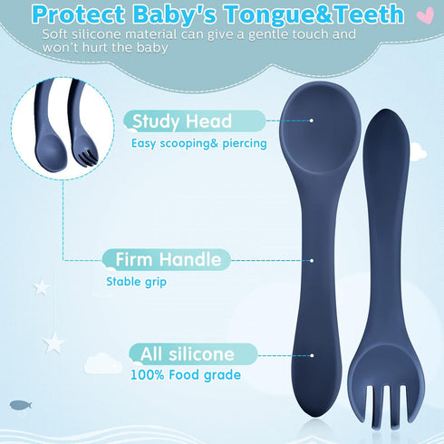 6 Pieces Silicone Baby Feeding Forks and Spoons Set for Toddlers, Mini Kids Utensils, Ocean Color, Over 6 Months