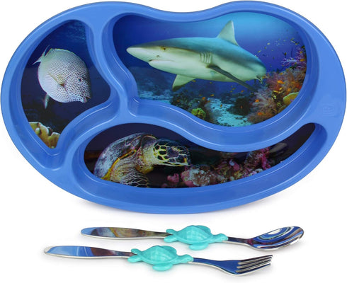 Kids Divided Plate with Utensils - Children's Meal Set with Plate, Fork, and Spoon - Ocean