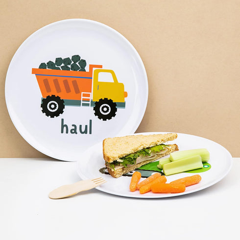 Set 4 Bulldozer, Tiny Expressions - Construction Plates for Toddlers - of Melamine Plates for Kids - Excavator, Cement