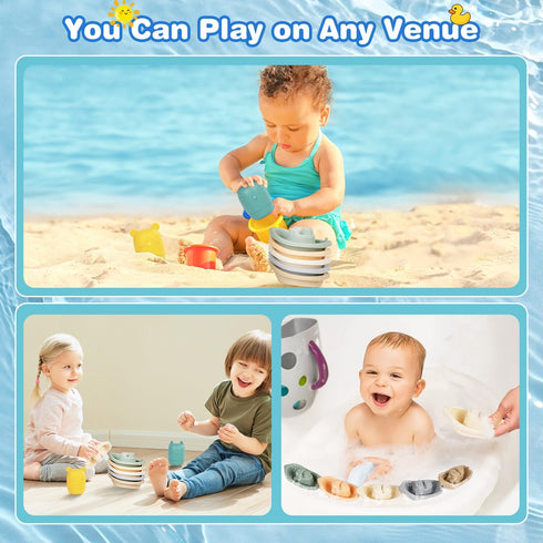 Oukitoymer 9 1-3 Baby Bath Toys Stackable Boats with Soft Silicone Squirt Water Animal Toys, Pcs Floating Stacking Boat