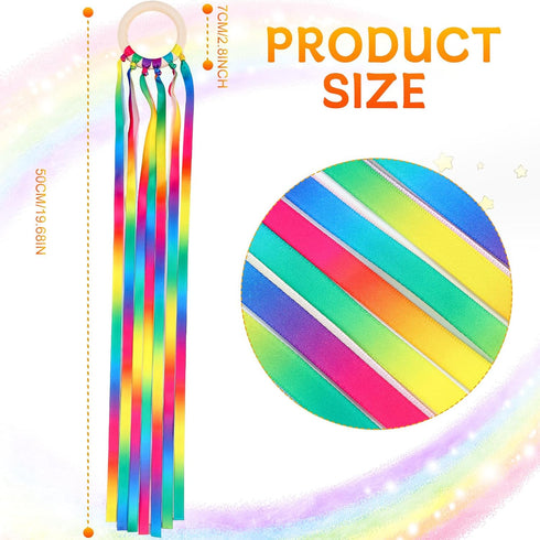12 Pcs Rainbow Ribbon Wooden Waldorf Toys, Creative Hand Kite Set with Wood Ring for Educational Playroom Dancing.