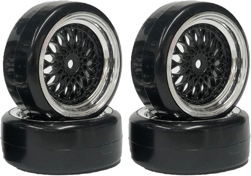 4PCS 1/10 RC Drift Car Tires, Smooth Hard Tyre Plastic Plating Wheel Rims Set for Traxxas HSP Tamiya HPI Kyosho On-Road