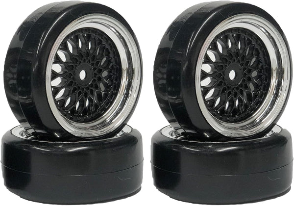 4PCS 1/10 RC Drift Car Tires, Smooth Hard Tyre Plastic Plating Wheel Rims Set for Traxxas HSP Tamiya HPI Kyosho On-Road
