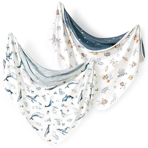 GRSSDER Reversible Baby Swaddle Blankets 2 Pack, Super Soft Jersey Knit Baby