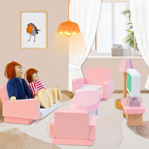 Set 4 26 4 3+ Kizfarm Wooden Dollhouse Furniture with Family Dolls, Pcs Pretend Play Dollhouse Accessories for Rooms