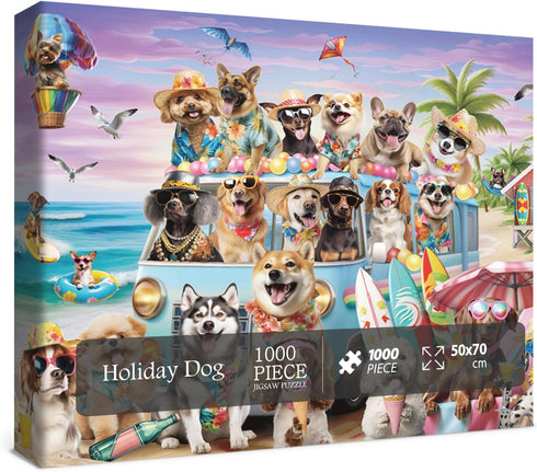 Funny Dog Puzzle Beach Dogs 1000 Pieces for Adults, Animal Jigsaw Puzzles for Vacation, Holiday Puppy Bulldog Decor