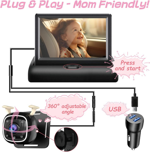 RVGoNow 4.3'' 1080P 150 Baby Car Camera with Monitor, USB Powered Rear Facing Seat Camera, HD Night Vision, Wide Angle