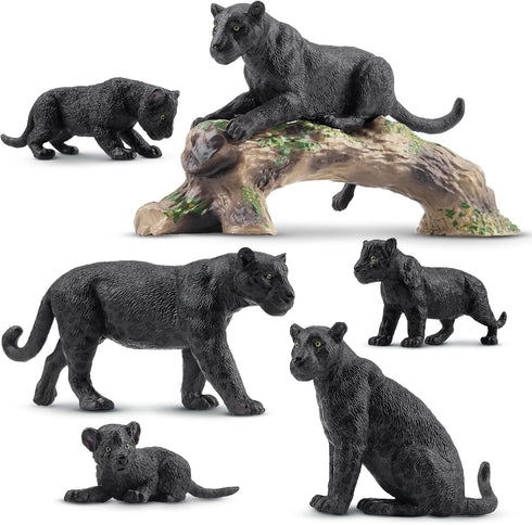Toymany 7PCS Black Panthers Figurines with Panther Cub and Tree Trunk, Realistic
