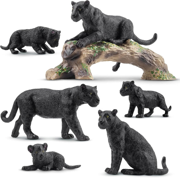 Toymany 7PCS Black Panthers Figurines with Panther Cub and Tree Trunk, Realistic