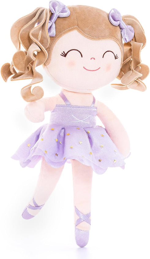 Gloveleya Baby Dolls Soft Snuggly Curly Hair Ballerina Doll, Plush Ballet Doll with Lace Mesh Dress, Purple 14 inches