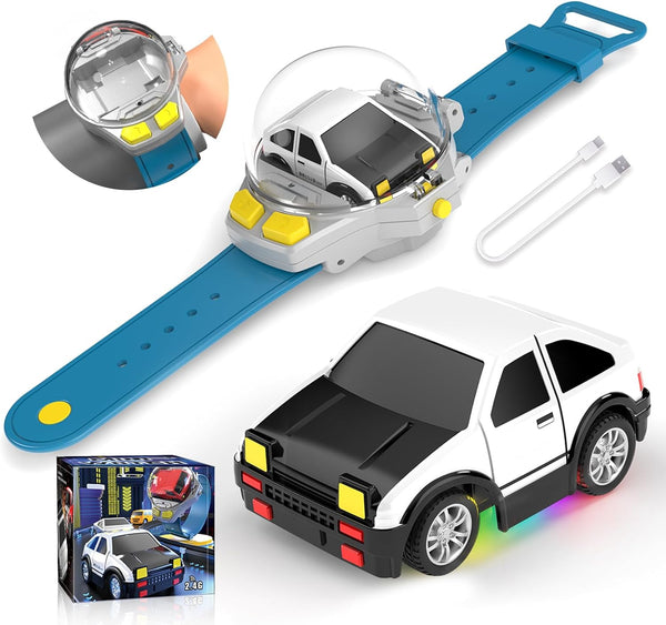 Mini Remote Control Car Watch Toy with LED Lights, 2.4G RC Cars USB Charging Hand Controlled Watch for Kids