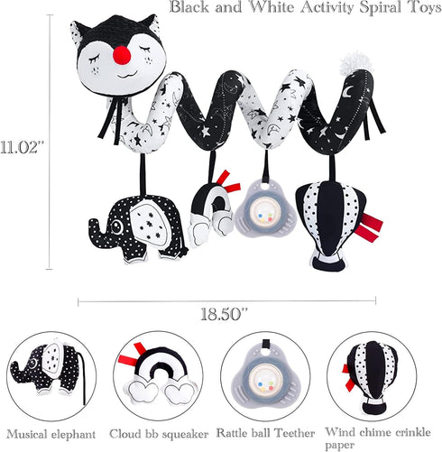 High Contrast Black and White Car Seat Toys for Infants 0-12 Months, Musical Black Fox Stroller Toys for Babies